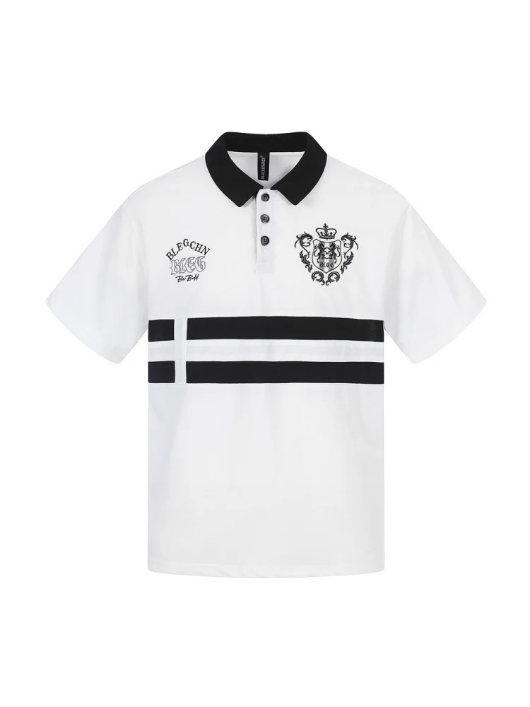 Stripes Patchwork Color-blocked Ins Embroidery Loose-fit Polo - Image 6