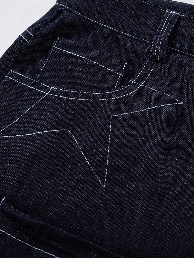 Five-pointed Star Loose-fit Straight-fit Multiple Pockets Five Points Denim Shorts - Image 3