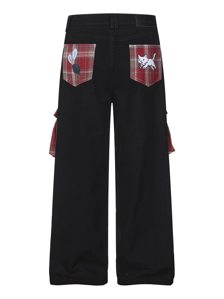 Plaid Color-blocked Cartoon Straight-fit Jeans - Image 2