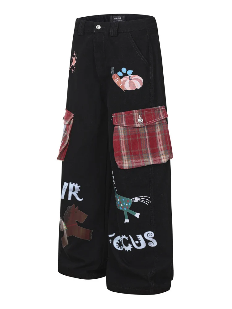 Plaid Color-blocked Cartoon Straight-fit Jeans - Image 3