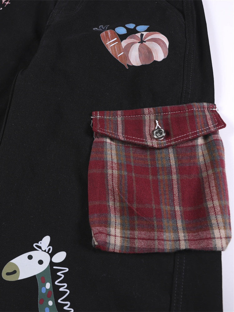 Plaid Color-blocked Cartoon Straight-fit Jeans - Image 4