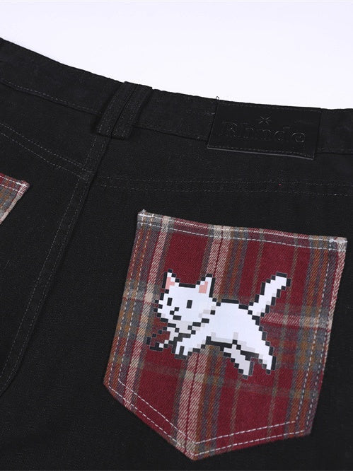 Plaid Color-blocked Cartoon Straight-fit Jeans - Image 6