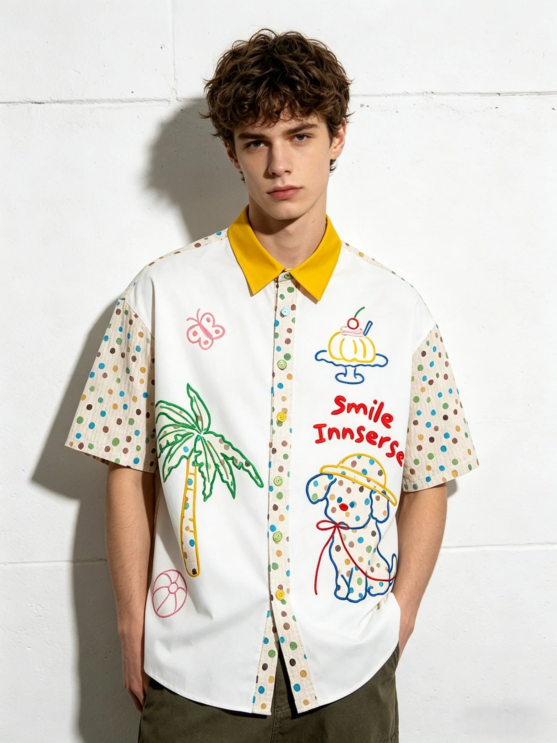 Cartoon Puppy Embroidery Hip Hop Dot Color-blocked Shirts