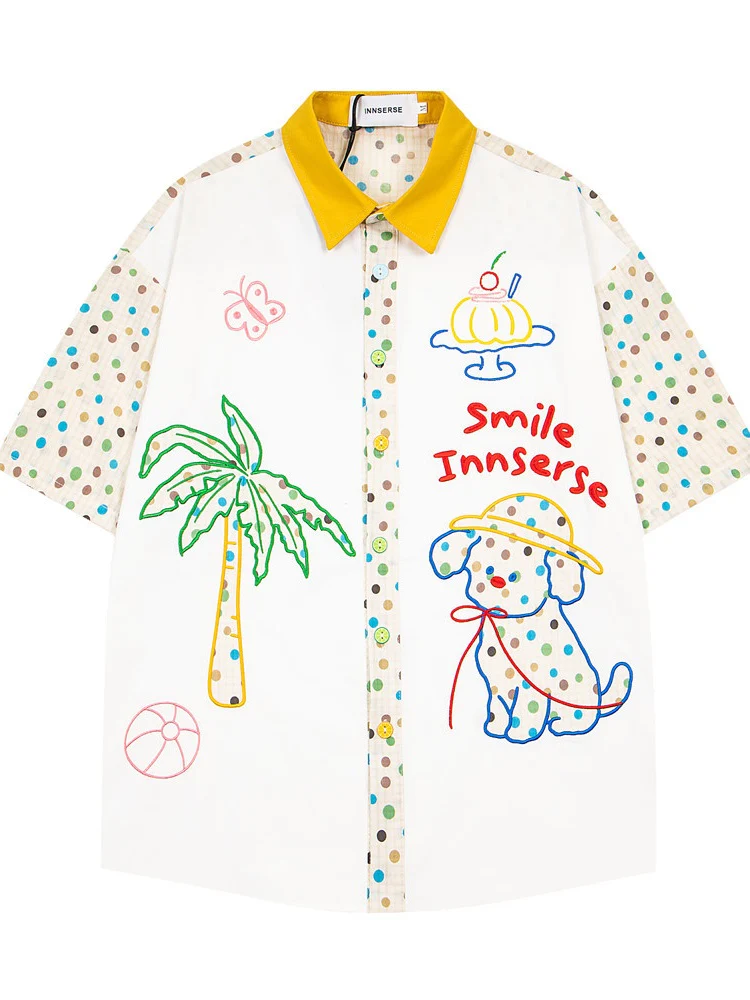 Cartoon Puppy Embroidery Hip Hop Dot Color-blocked Shirts - Image 2