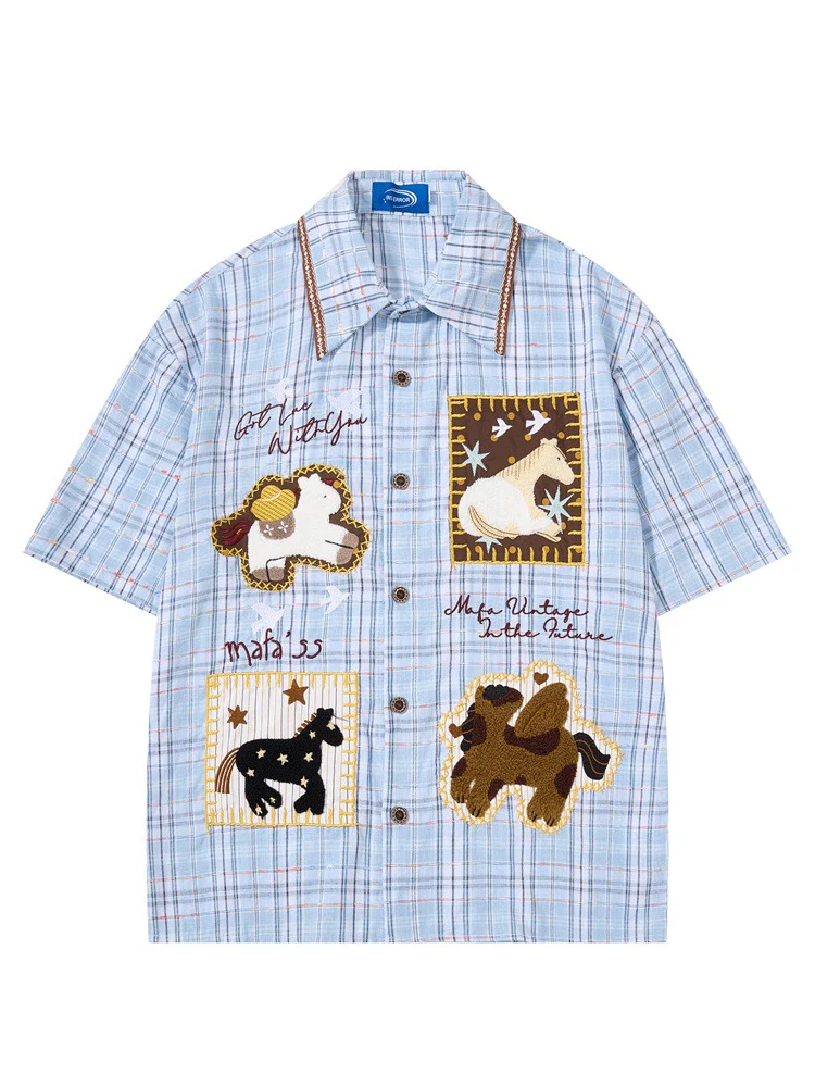 Cartoon Embroidery Plaid Loose-fit Shirts - Image 2