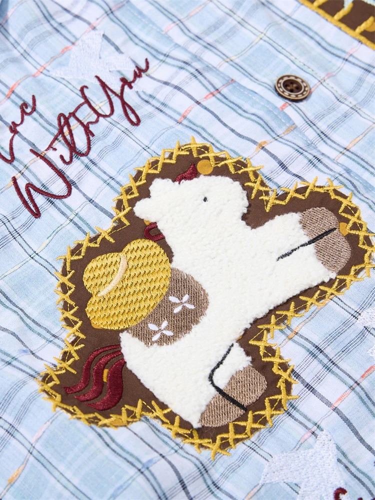 Cartoon Embroidery Plaid Loose-fit Shirts - Image 4