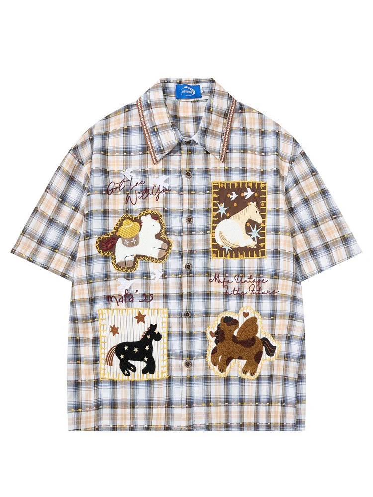 Cartoon Embroidery Plaid Loose-fit Shirts - Image 8