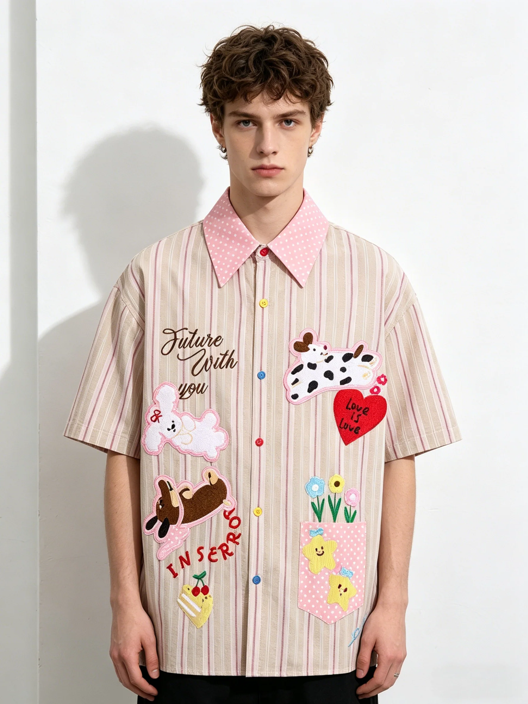 Cartoon Embroidery Vertical Stripe Hip Hop Loose-fit Color-blocked Shirts