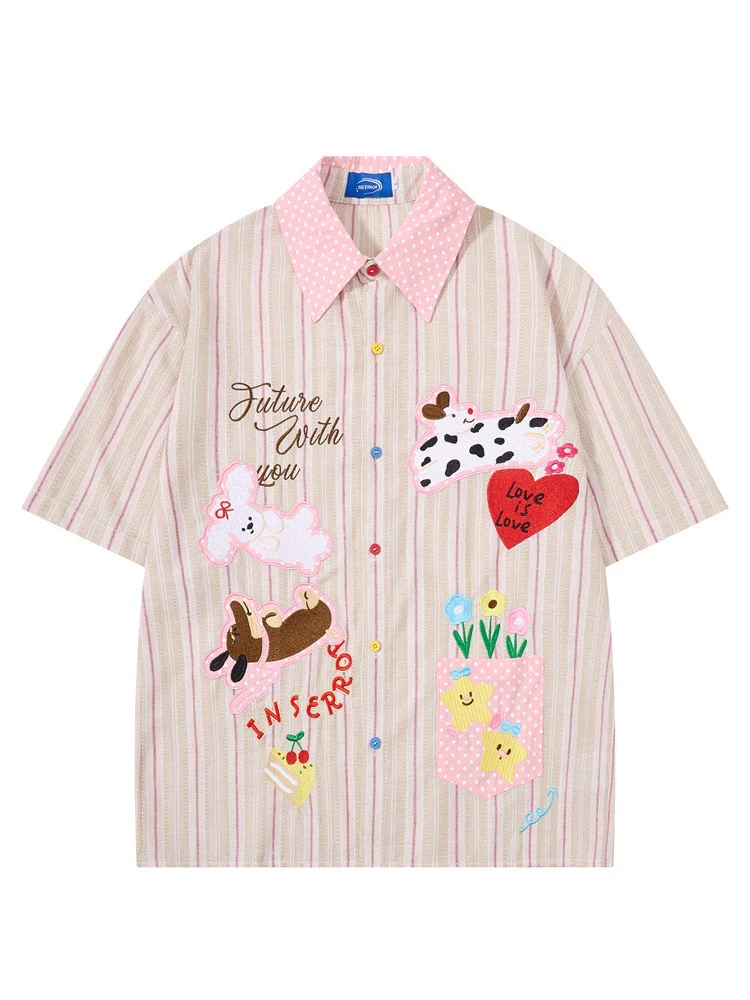 Cartoon Embroidery Vertical Stripe Hip Hop Loose-fit Color-blocked Shirts - Image 2