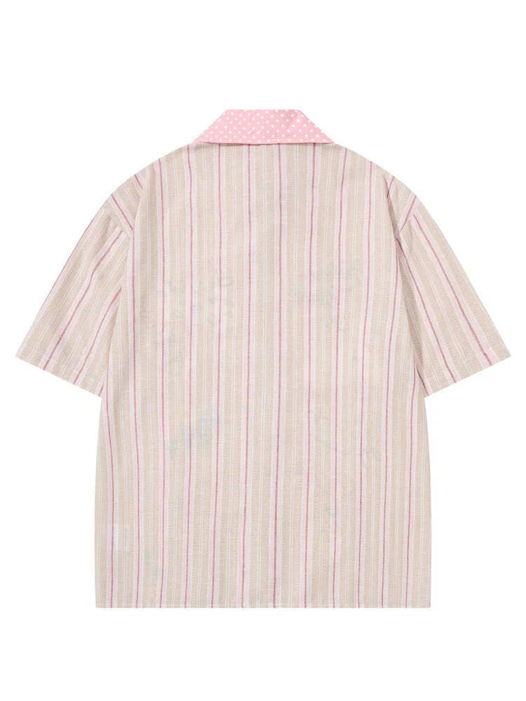 Cartoon Embroidery Vertical Stripe Hip Hop Loose-fit Color-blocked Shirts - Image 3