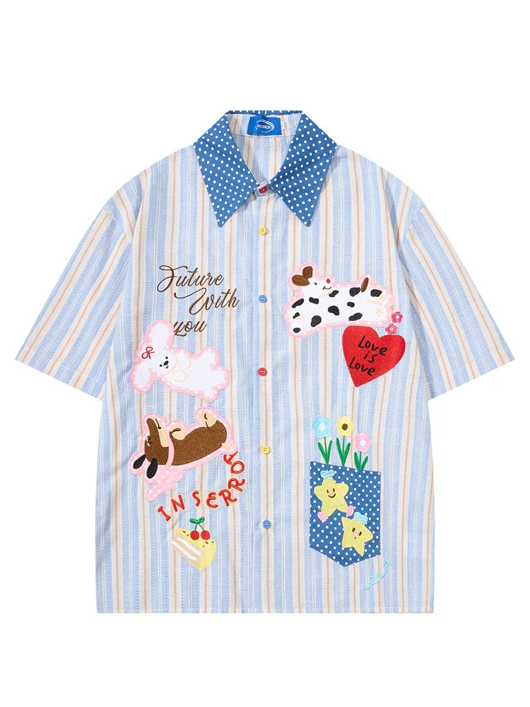 Cartoon Embroidery Vertical Stripe Hip Hop Loose-fit Color-blocked Shirts - Image 4