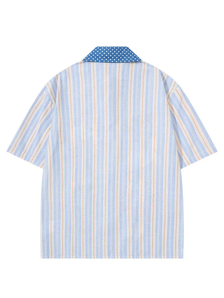Cartoon Embroidery Vertical Stripe Hip Hop Loose-fit Color-blocked Shirts - Image 5