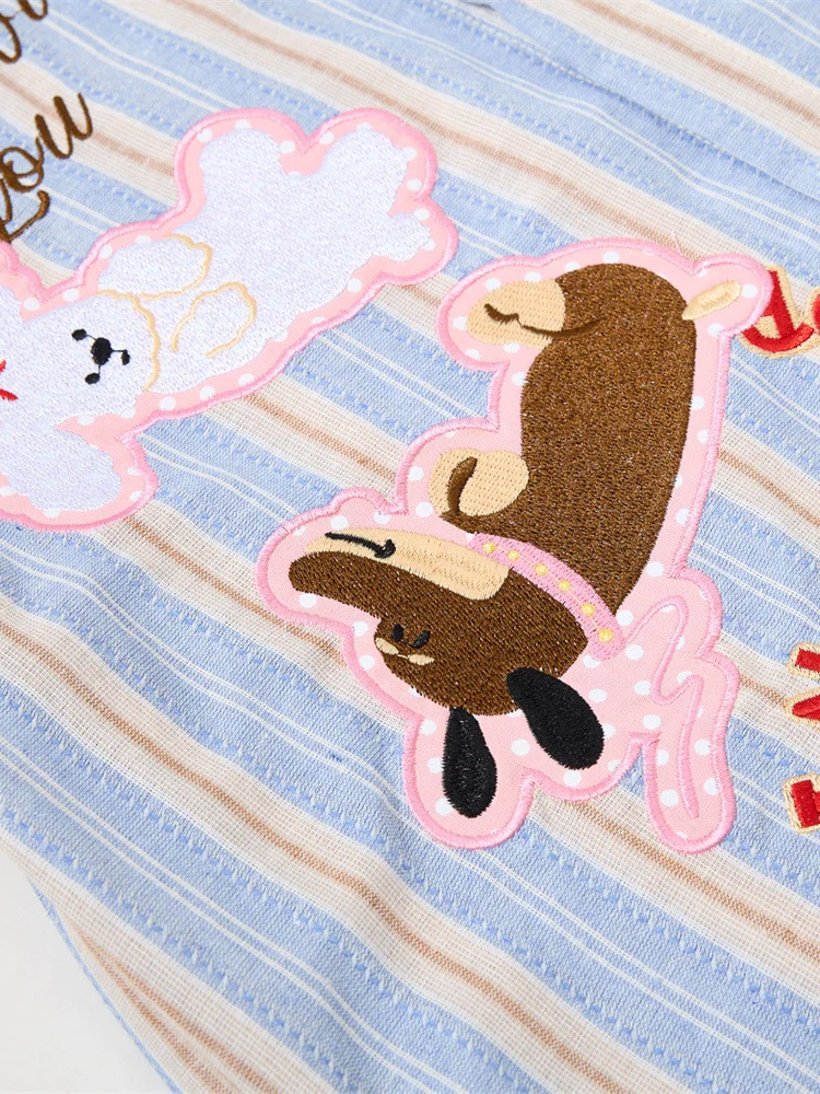 Cartoon Embroidery Vertical Stripe Hip Hop Loose-fit Color-blocked Shirts - Image 6