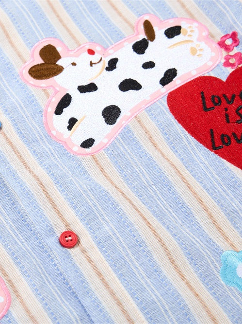 Cartoon Embroidery Vertical Stripe Hip Hop Loose-fit Color-blocked Shirts - Image 9