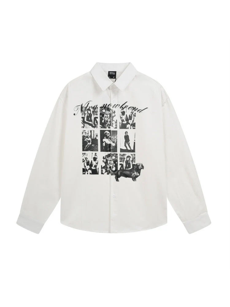 Retro Abstract Character Print Loose Lapel Long-sleeved Shirt - Image 5