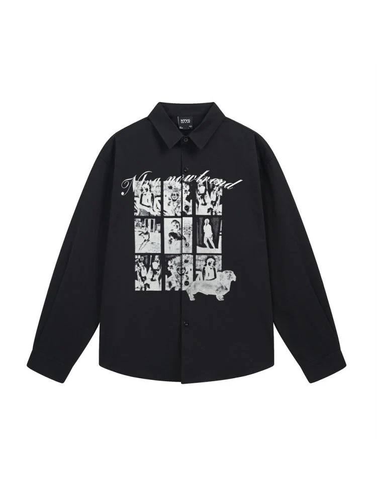 Retro Abstract Character Print Loose Lapel Long-sleeved Shirt - Image 6