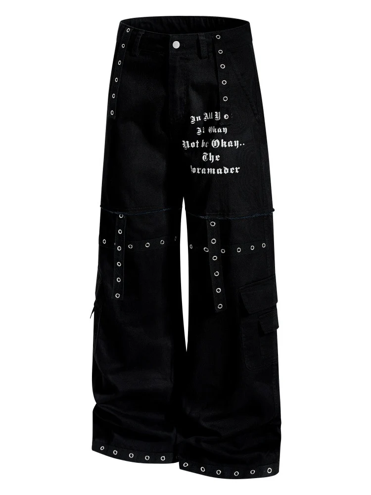 Metal Punching Rock Gothic Letter Loose-fit Wide-leg Pants - Image 2
