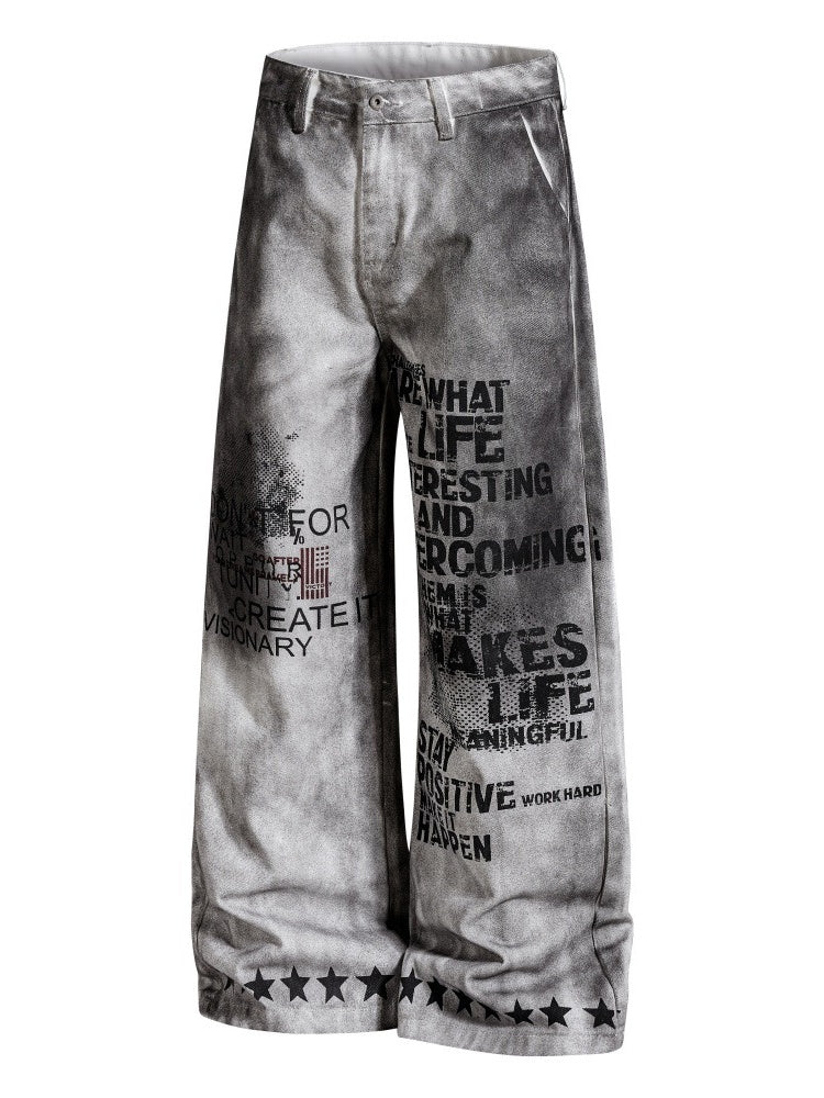Post-apocalyptic Heavy Industry Distressed Wide-leg Punk Letter Printed Straight-fit Cargo Trousers - Image 2