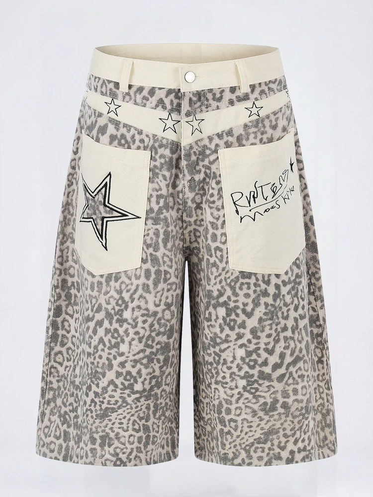 Retro Leopard Print Work Clothes Color-blocked Embroidery 7 Points Jeans