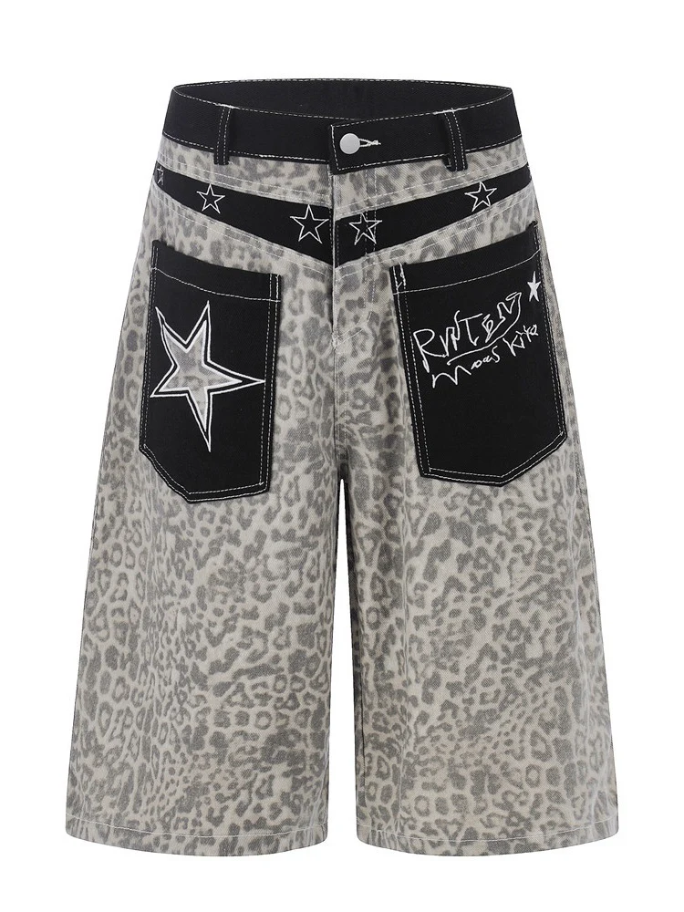 Retro Leopard Print Work Clothes Color-blocked Embroidery 7 Points Jeans - Image 3