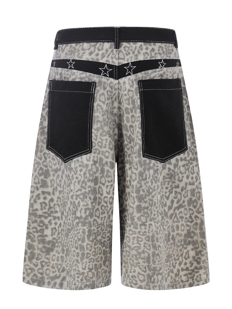 Retro Leopard Print Work Clothes Color-blocked Embroidery 7 Points Jeans - Image 4