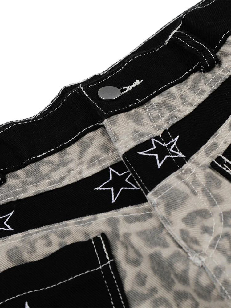 Retro Leopard Print Work Clothes Color-blocked Embroidery 7 Points Jeans - Image 5