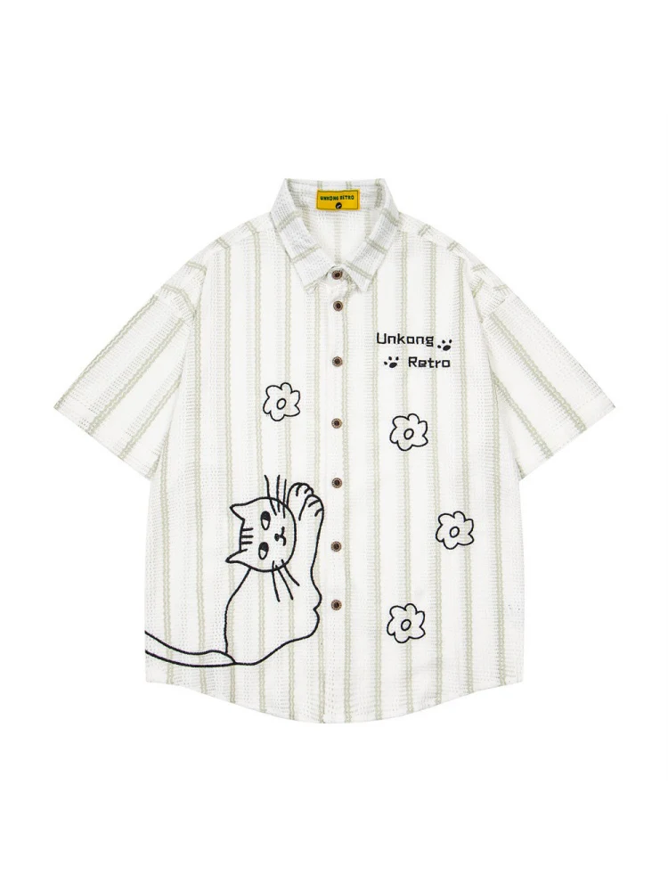 Cartoon Kitten Embroidery Vertical Stripe Loose-fit Vibe Breathable Shirts - Image 2