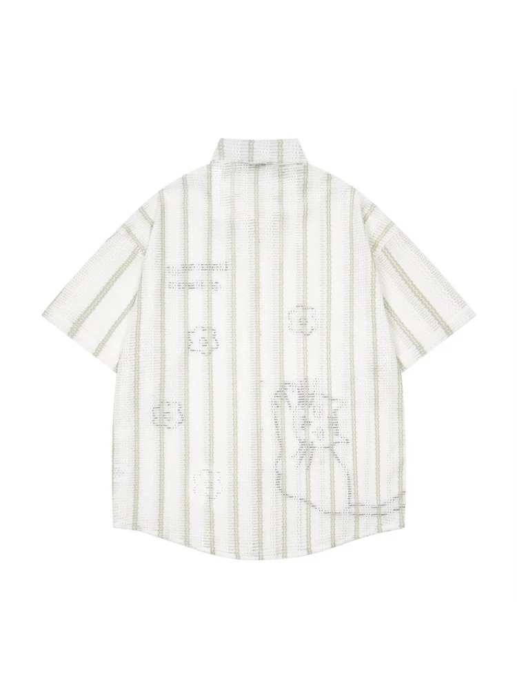 Cartoon Kitten Embroidery Vertical Stripe Loose-fit Vibe Breathable Shirts - Image 3