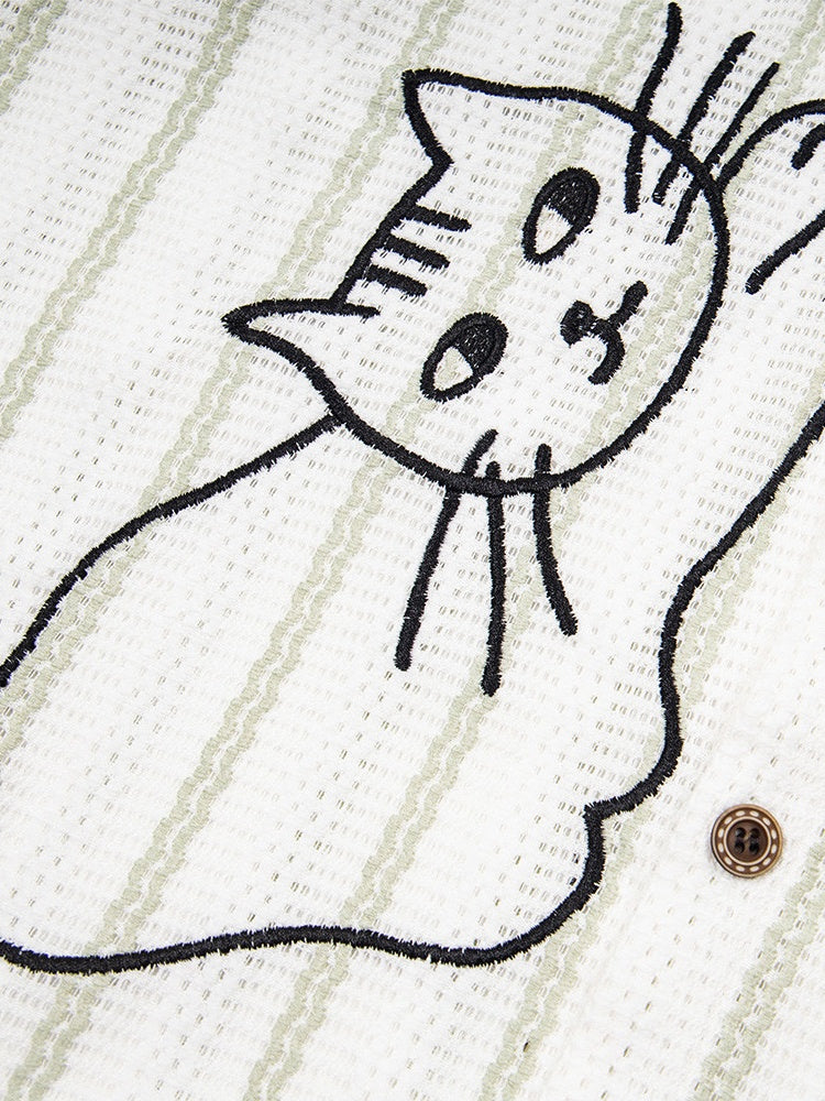 Cartoon Kitten Embroidery Vertical Stripe Loose-fit Vibe Breathable Shirts - Image 5