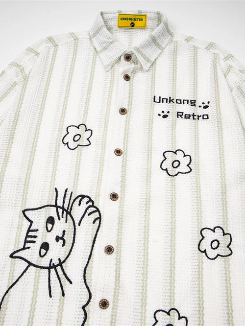Cartoon Kitten Embroidery Vertical Stripe Loose-fit Vibe Breathable Shirts - Image 6