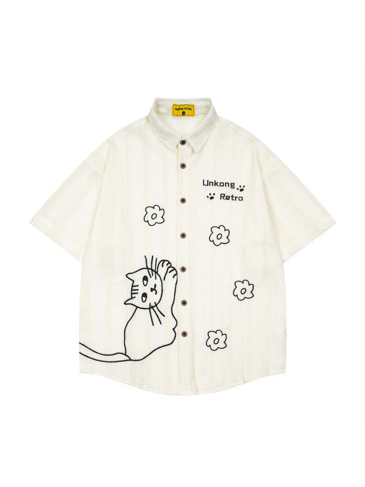 Cartoon Kitten Embroidery Vertical Stripe Loose-fit Vibe Breathable Shirts - Image 7