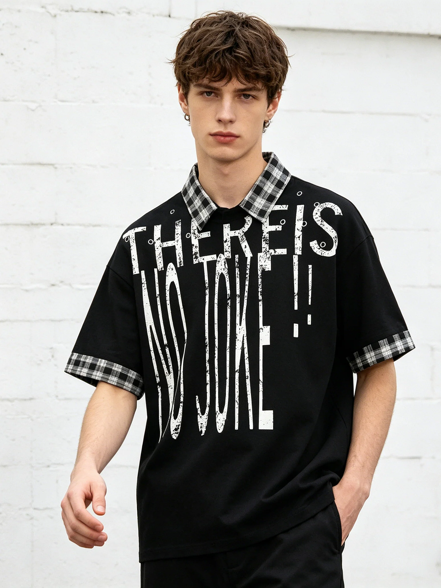 Graffiti Letter Layered-look Patchwork Plaid Polo Shirt