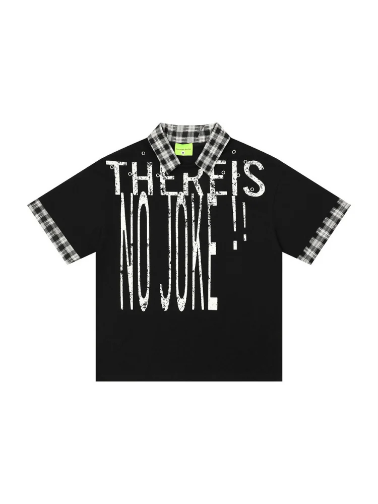 Graffiti Letter Layered-look Patchwork Plaid Polo Shirt - Image 2