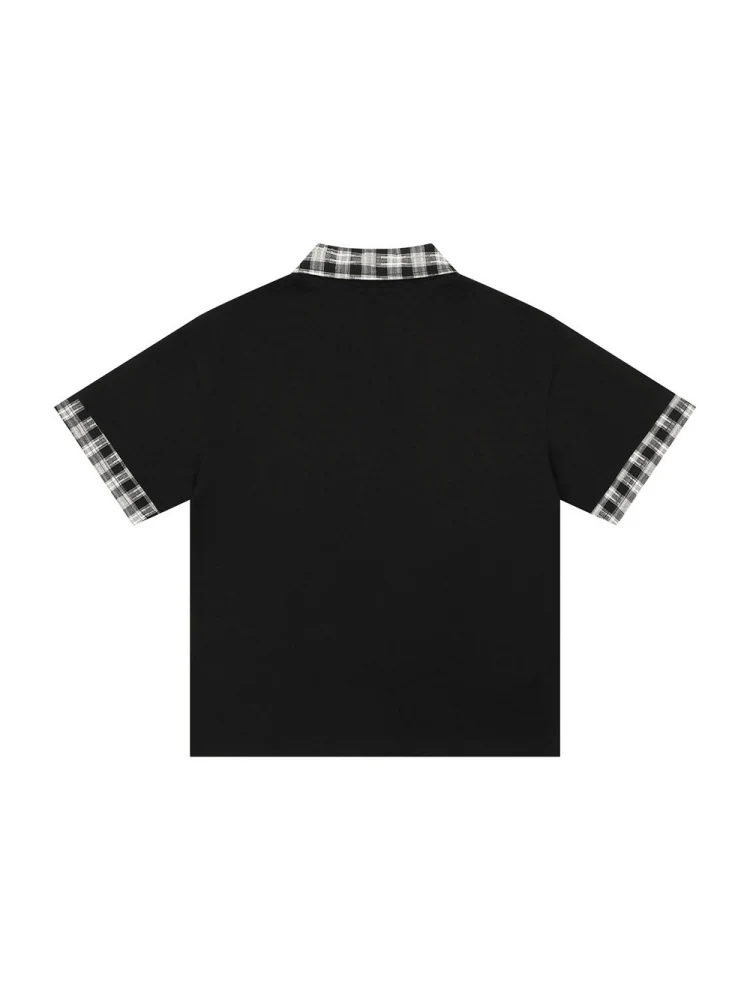 Graffiti Letter Layered-look Patchwork Plaid Polo Shirt - Image 3