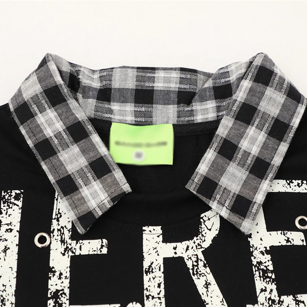 Graffiti Letter Layered-look Patchwork Plaid Polo Shirt - Image 4