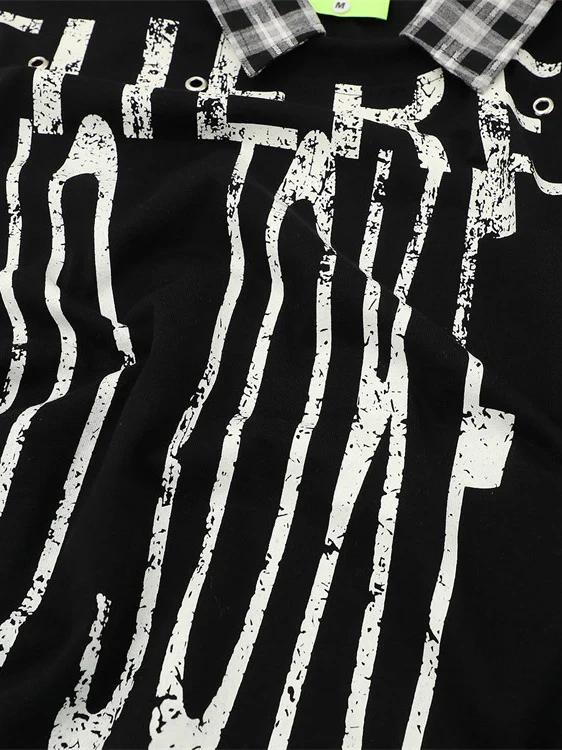 Graffiti Letter Layered-look Patchwork Plaid Polo Shirt - Image 5