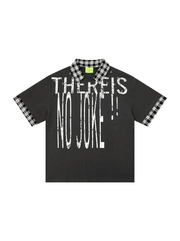 Graffiti Letter Layered-look Patchwork Plaid Polo Shirt - Image 8