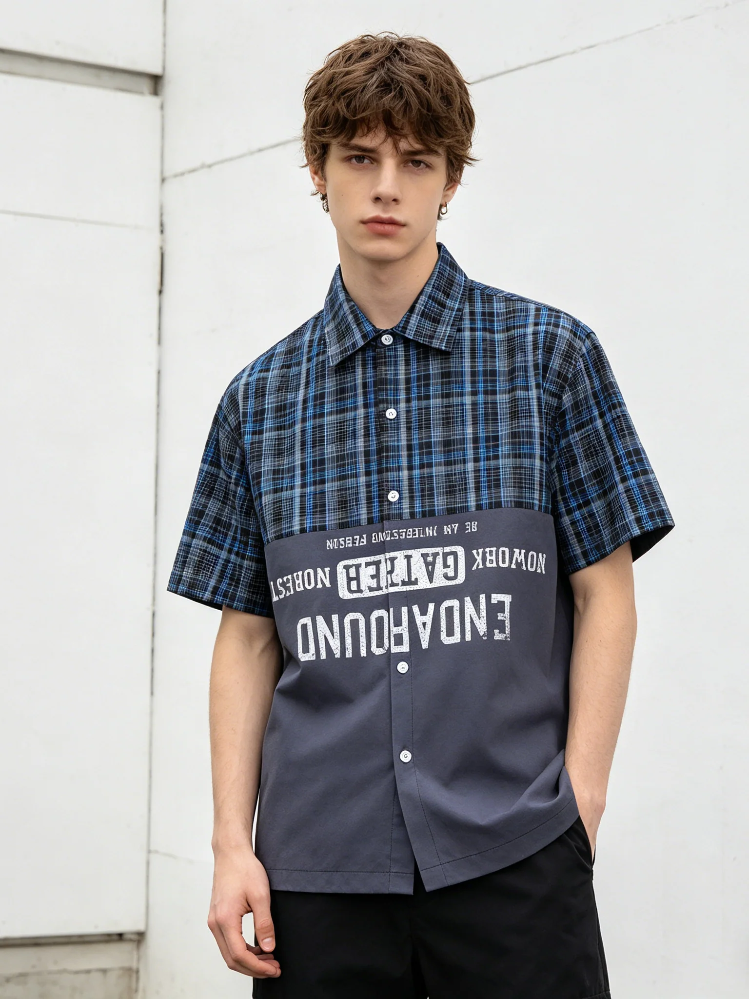 Color-blocked Patchwork Plaid Letter Printed Hip Hop Shirts