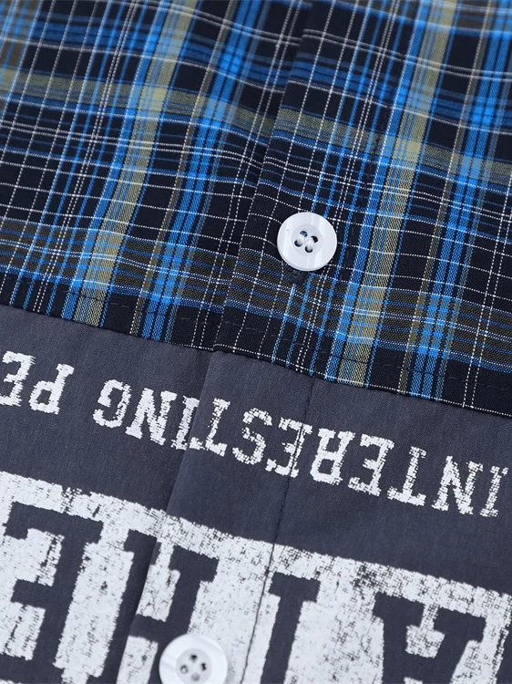 Color-blocked Patchwork Plaid Letter Printed Hip Hop Shirts - Image 5