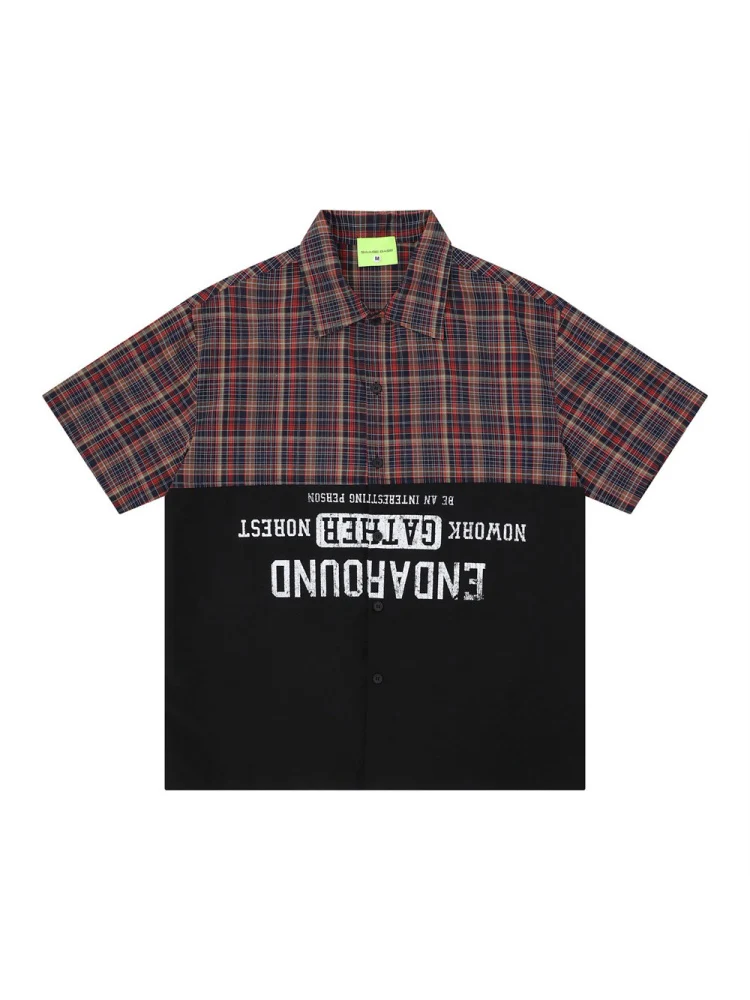Color-blocked Patchwork Plaid Letter Printed Hip Hop Shirts - Image 7
