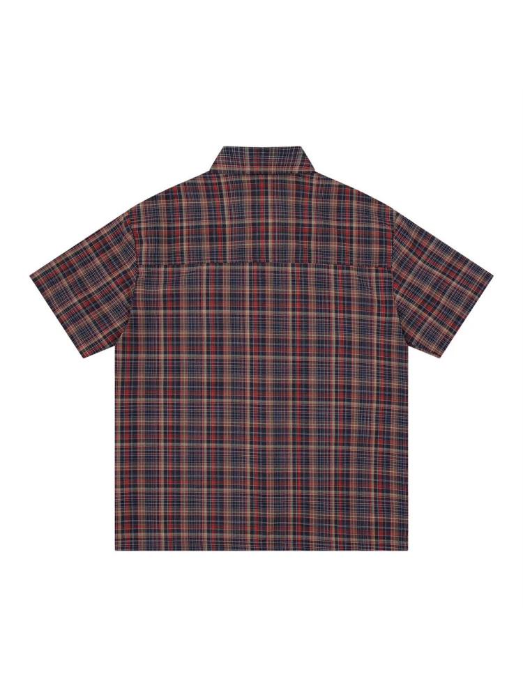 Color-blocked Patchwork Plaid Letter Printed Hip Hop Shirts - Image 8