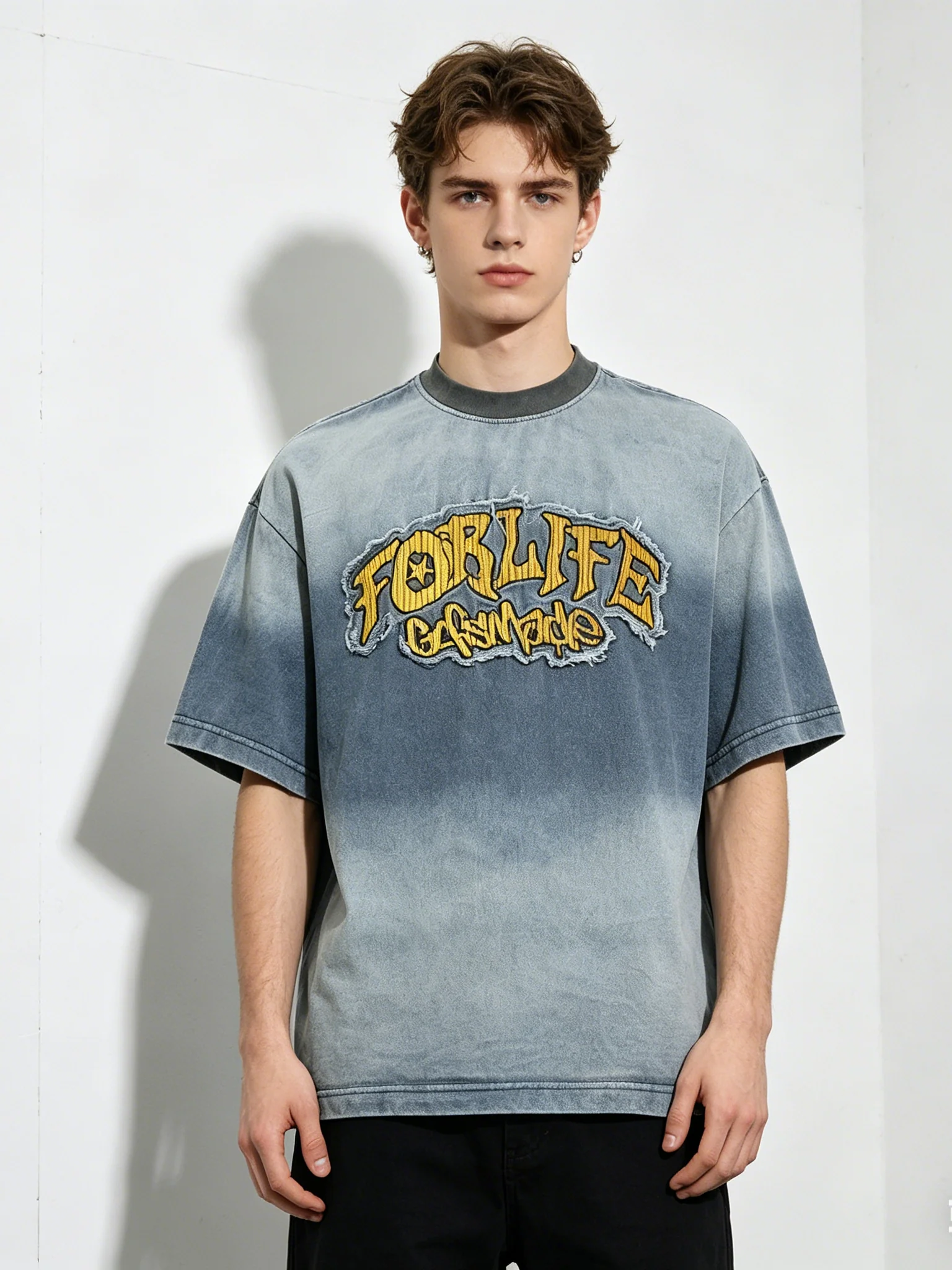 Tie-dye Gradient Washed Distressed Embroidery Denim T-shirt