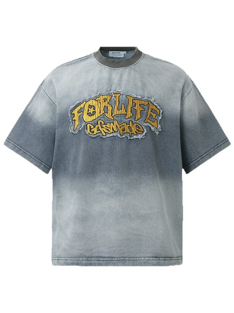 Tie-dye Gradient Washed Distressed Embroidery Denim T-shirt - Image 2