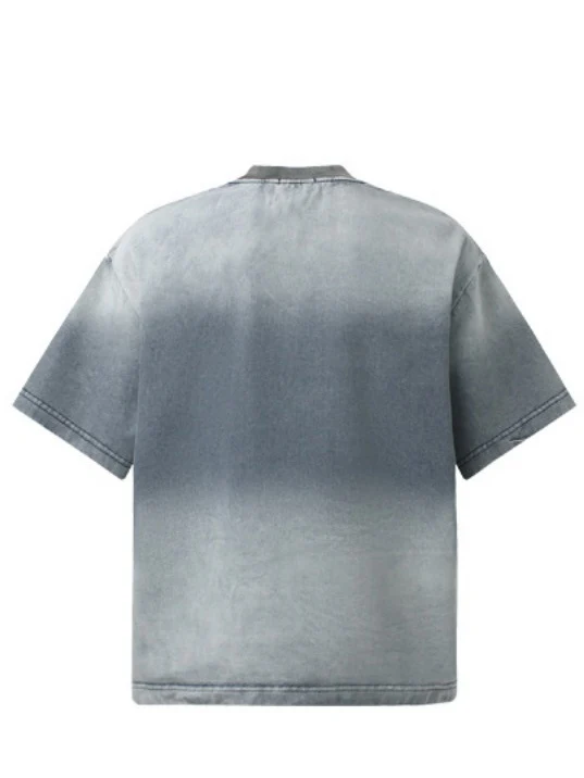 Tie-dye Gradient Washed Distressed Embroidery Denim T-shirt - Image 3