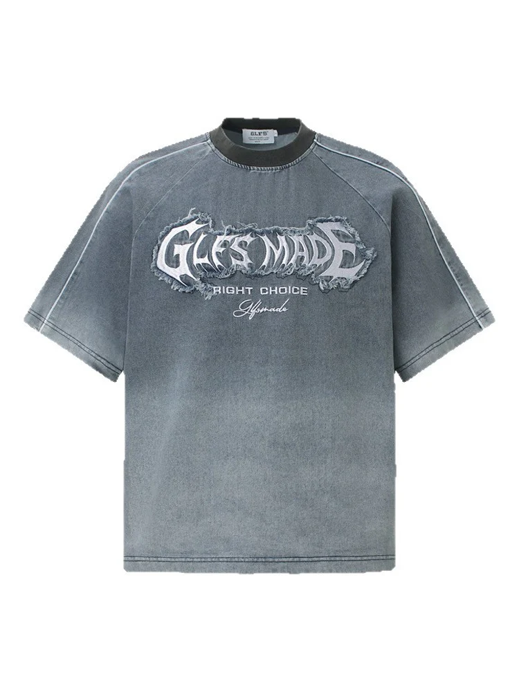 Ins Embroidery Washed Denim T-shirt - Image 3