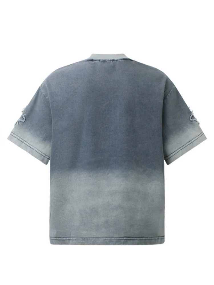 Washed Patches Stereo Embroidery Denim T-shirt - Image 3