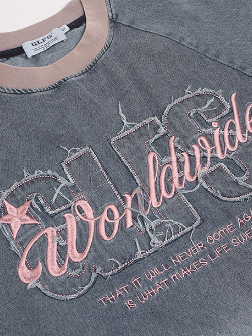 Patches Embroidery Gradient Personality Denim T-shirt - Image 5