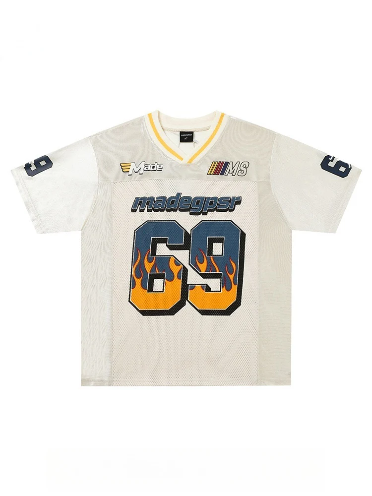 Patchwork Mesh 69 Flame College Style T-shirt - Image 7