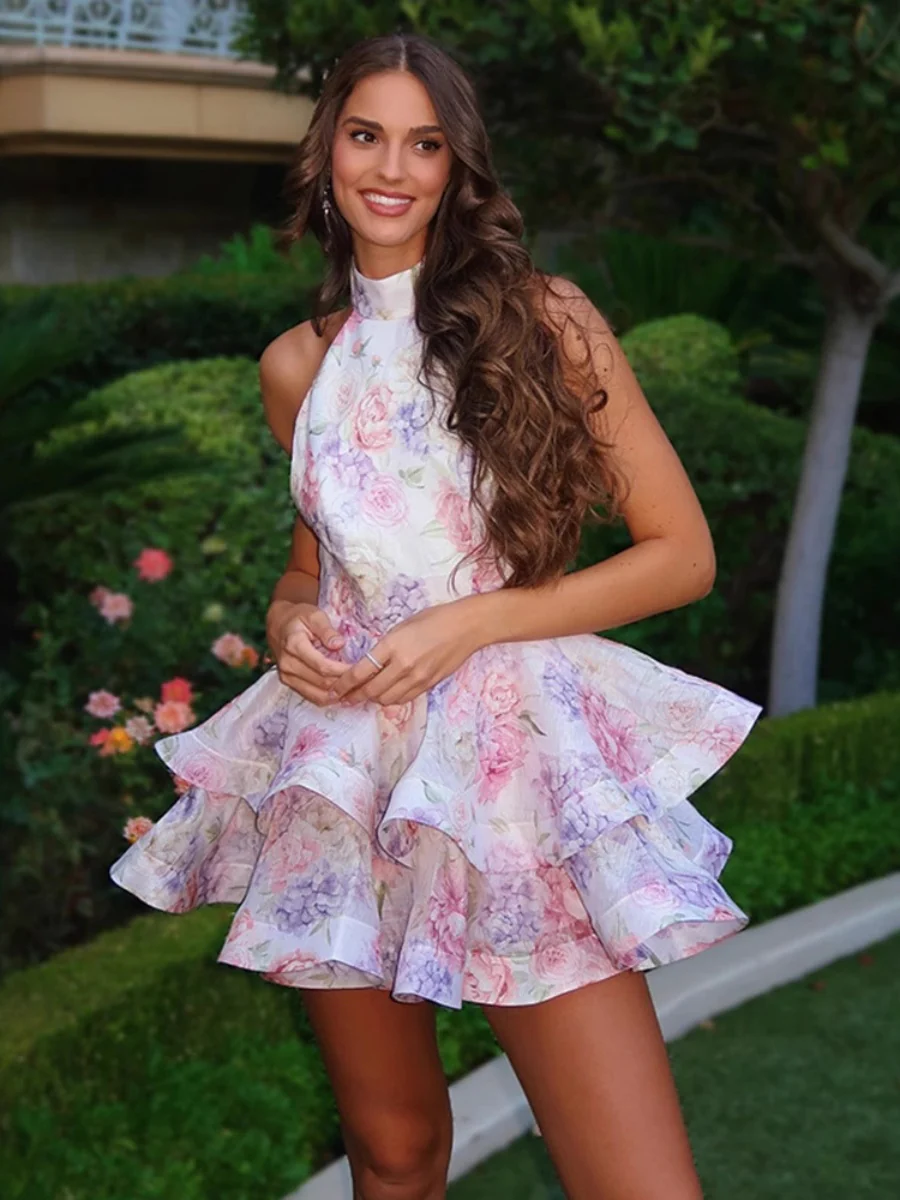Halter-neck, Backless, Floral Print Short Dress - Image 3