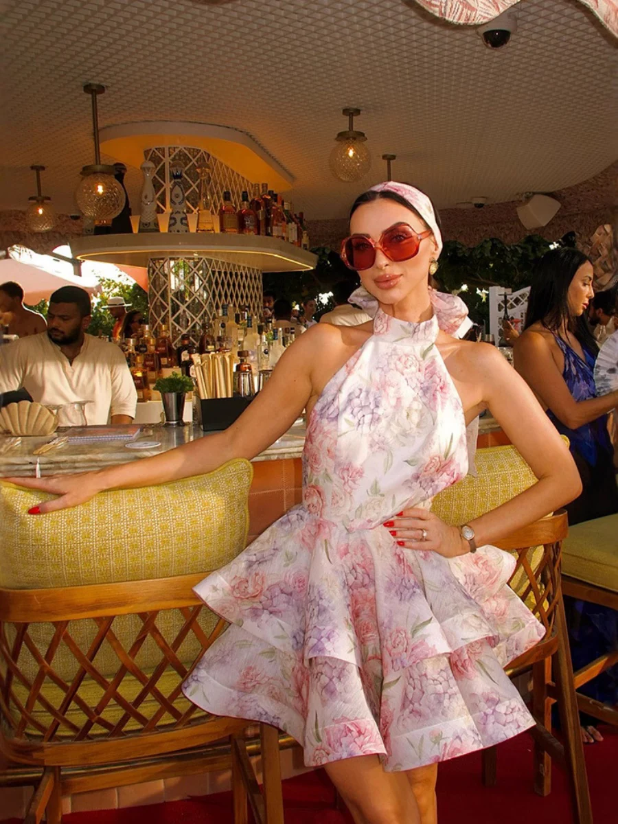 Halter-neck, Backless, Floral Print Short Dress - Image 4